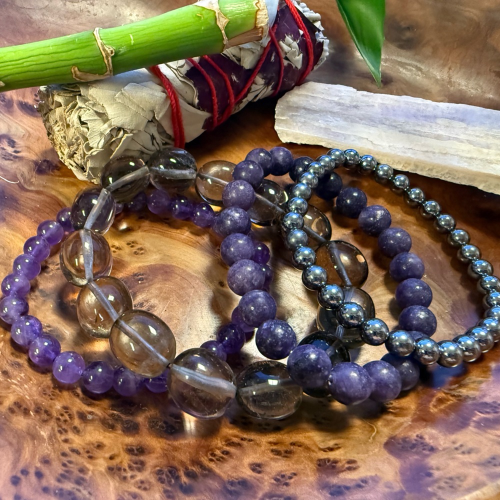 4pc Recovery Crystal Stack | Amethyst, Lepidolite, Hematite, Smoky Quartz